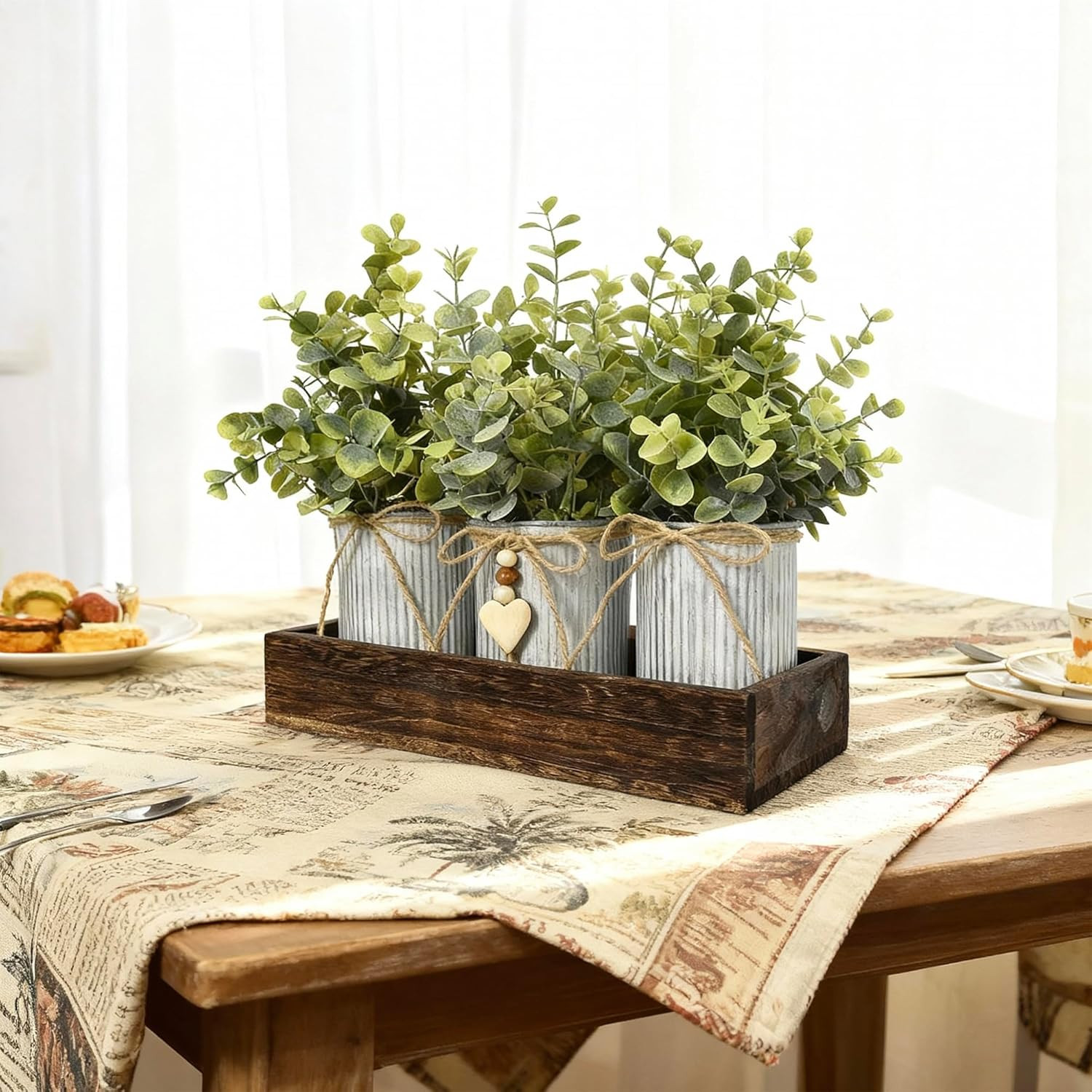 Rustic Farmhouse 3-Piece Artificial Eucalyptus Centerpiece – Wooden Tray with 3