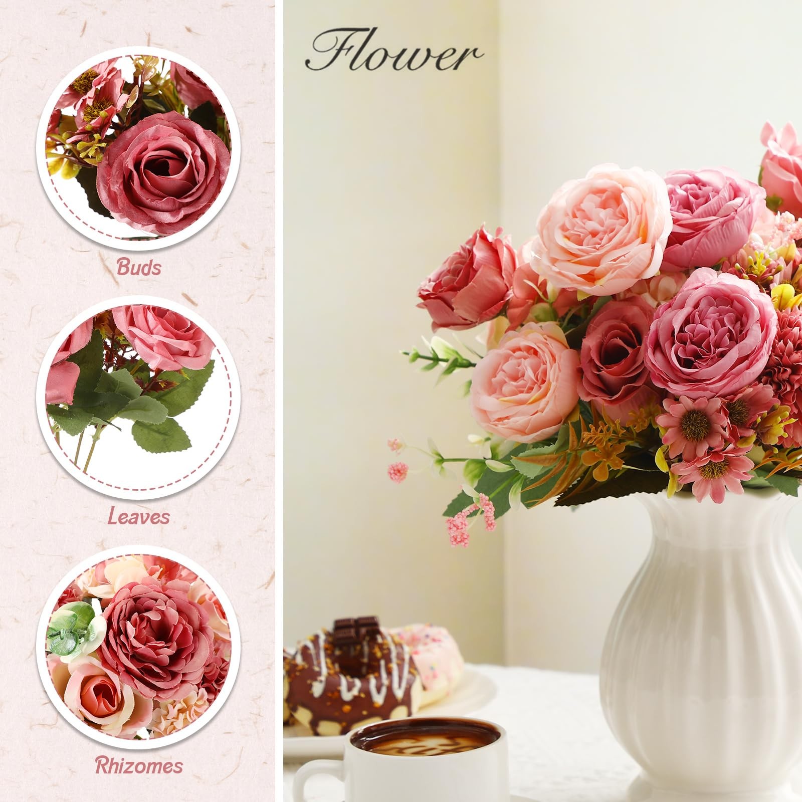 12 Bundles Dusty Pink Artificial Flowers Peonies Silk Dahlia Faux Rose Fake C…