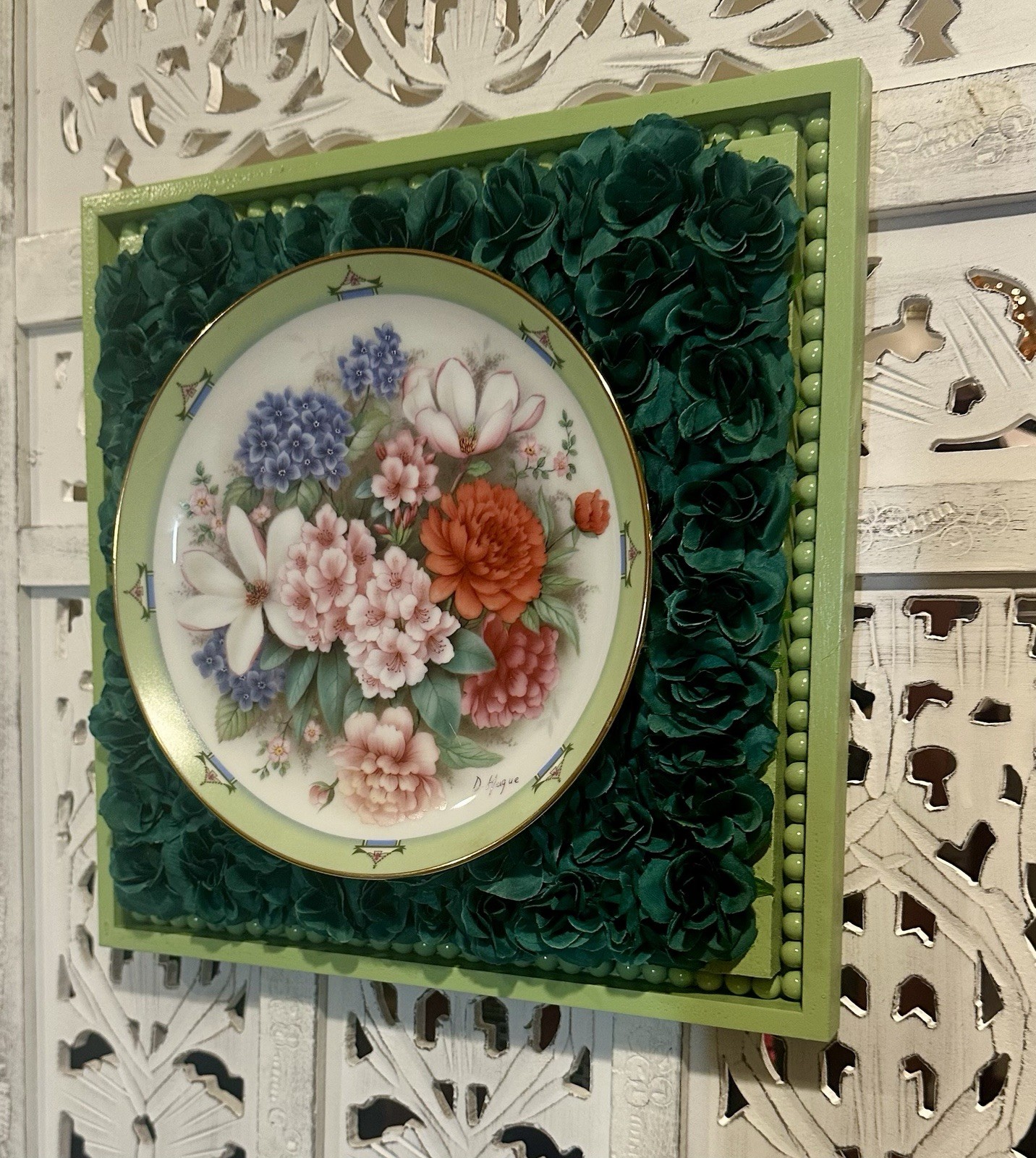 Upcycled Danbury Mint Plate 3D Wall Decor – Floral Roses Beaded Frame (12″)