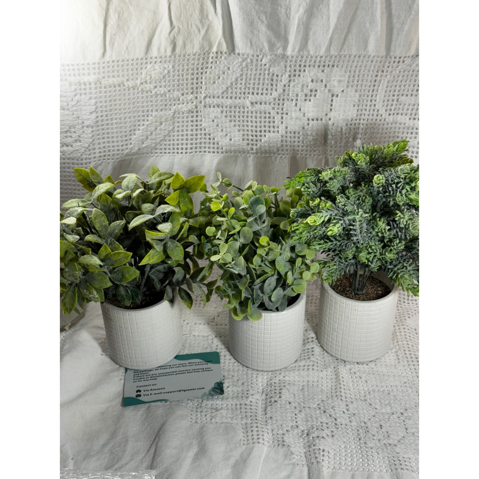 Set of 3 Artificial Potted Plants Faux Greenery in Gray Textured Ceramic Pots