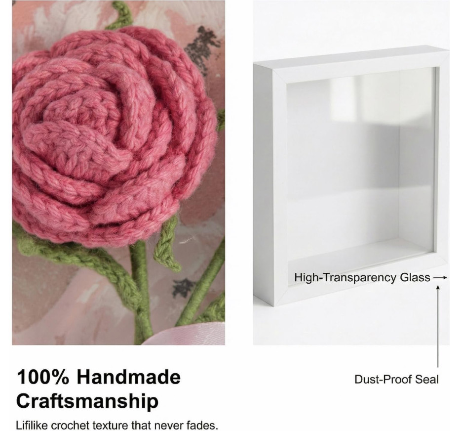 NWT Seyont Handmade 9″ Pink Crochet Flower in White Shadow Box Frame 3D Art