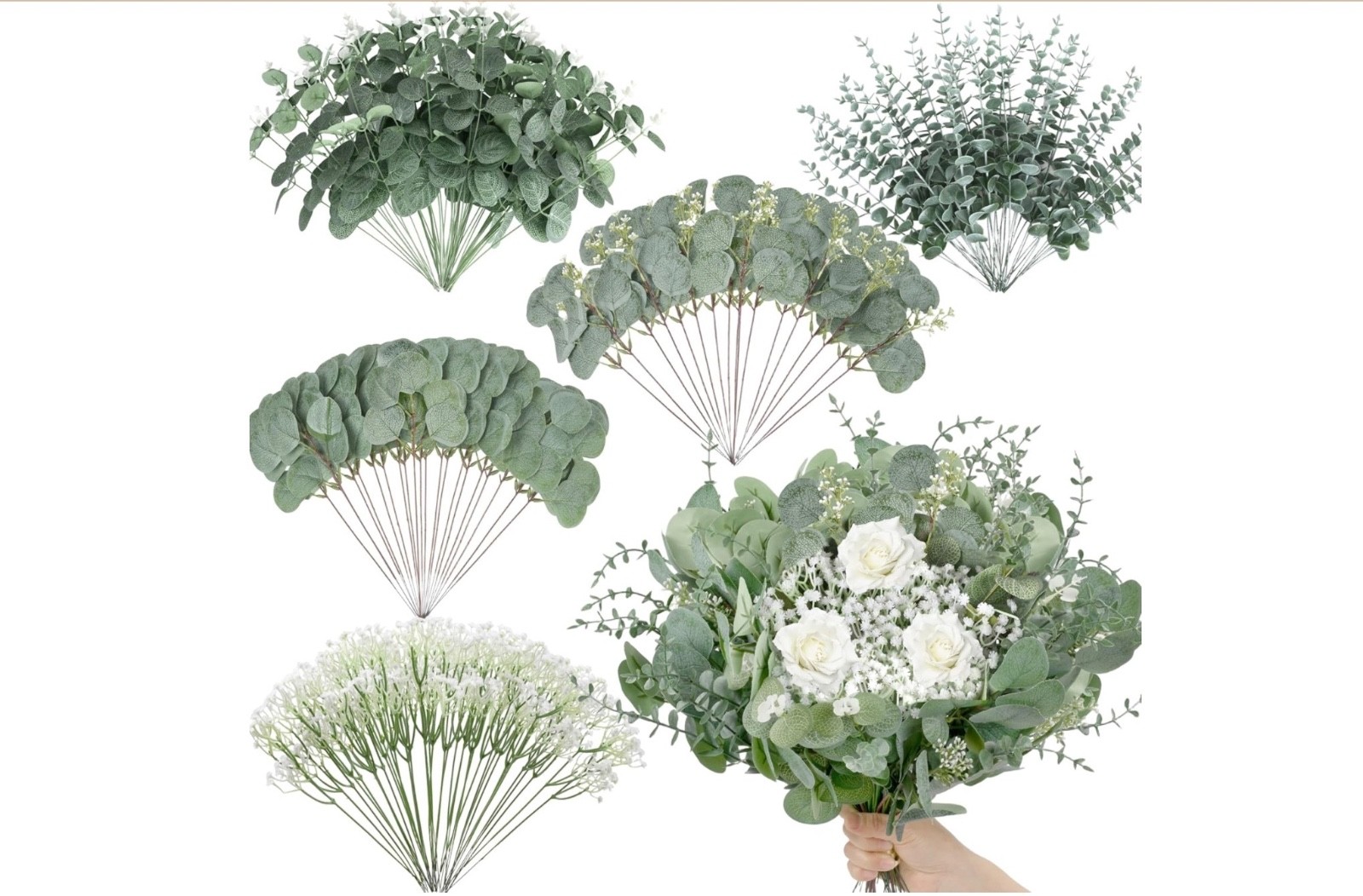 Palonu 200 Pcs 5 Kinds Mixed Artificial Eucalyptus Leaves Stems Bulk Babys Breat