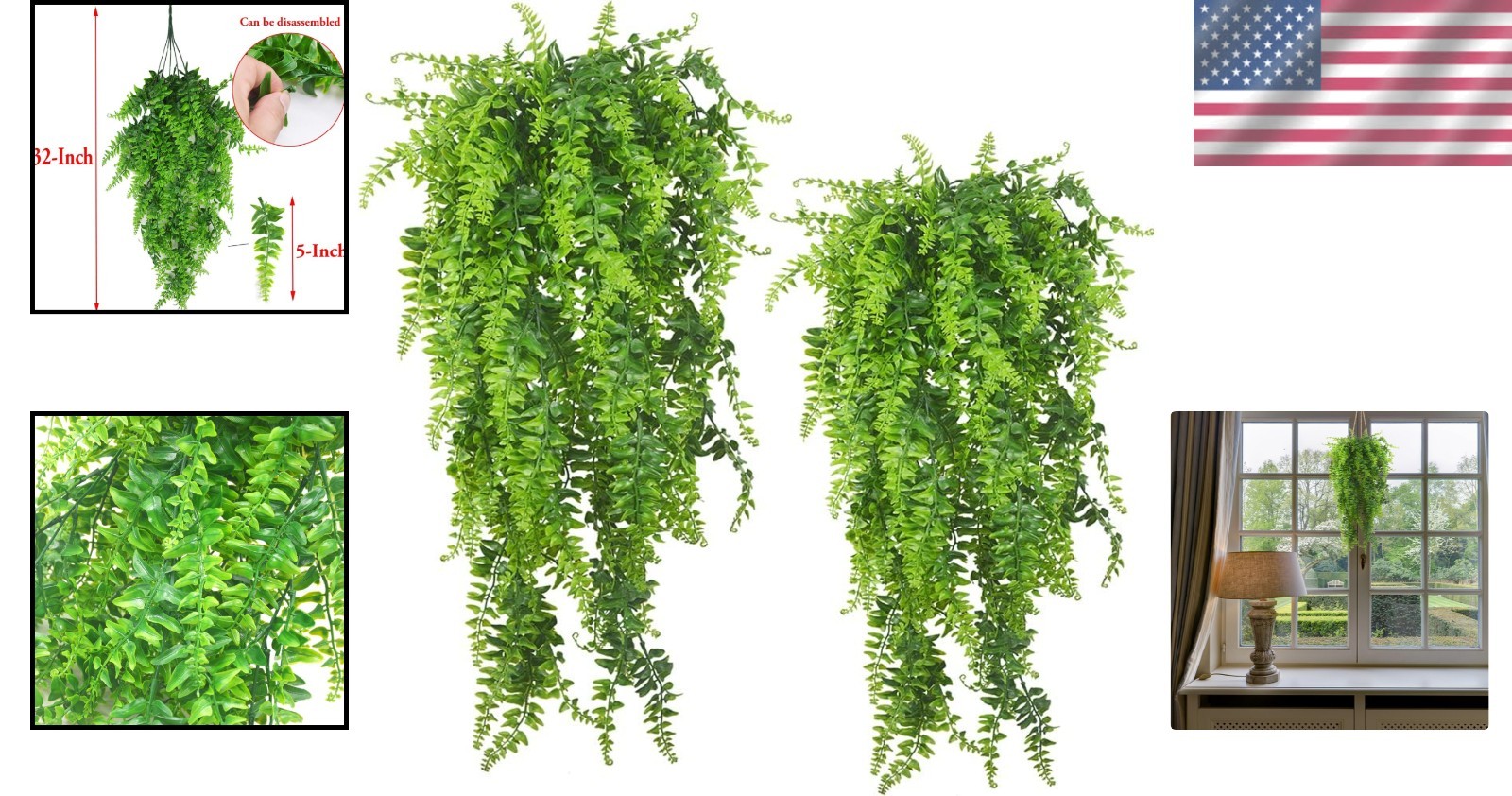 Realistic Plastic Hanging Fern Plants – Ideal for Home & Hotel Decoration – 2PCS