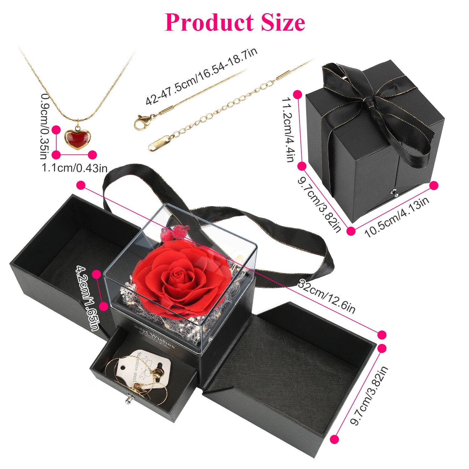Preserved Eternal Real Rose Flower Gift Box with Heart-Shaped Necklace for Mom