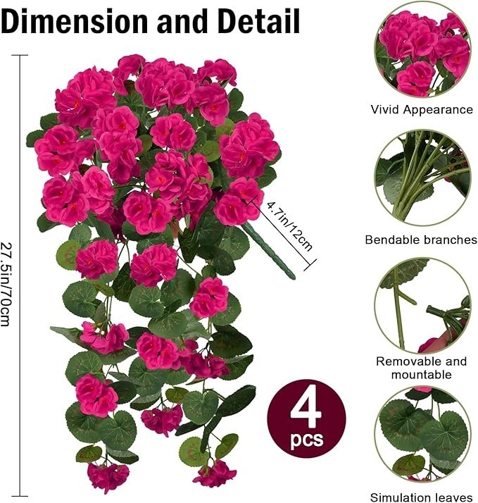4 PCS Faux Geraniums Flowers for Outdoor Planters Artificial Hanging Flowers Spr