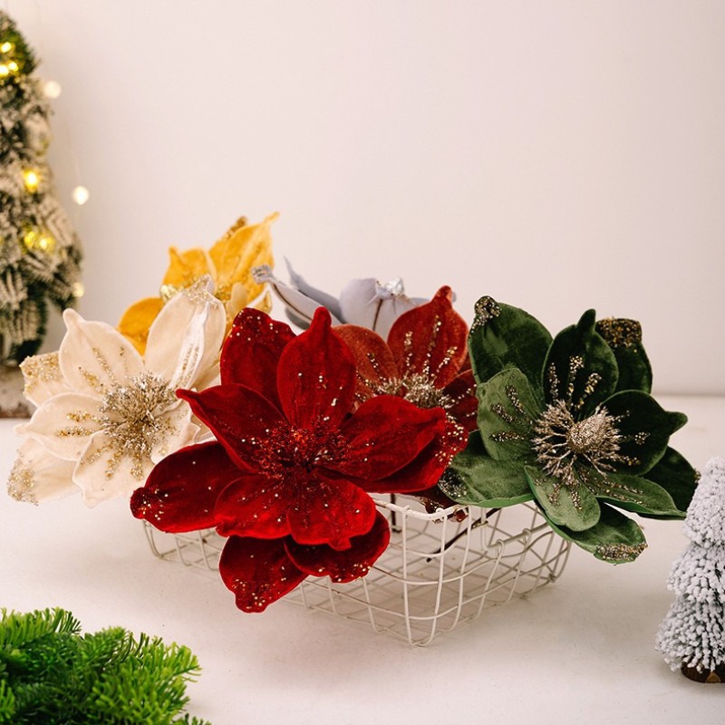 Artificial Velvet Poinsettia Picks Glitter Detail Holiday Garland Gift Box Decor