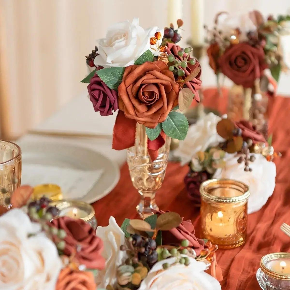 Artificial Flowers 25pcs Real Looking Burnt Orange Foam Fake Roses with Stems Fo