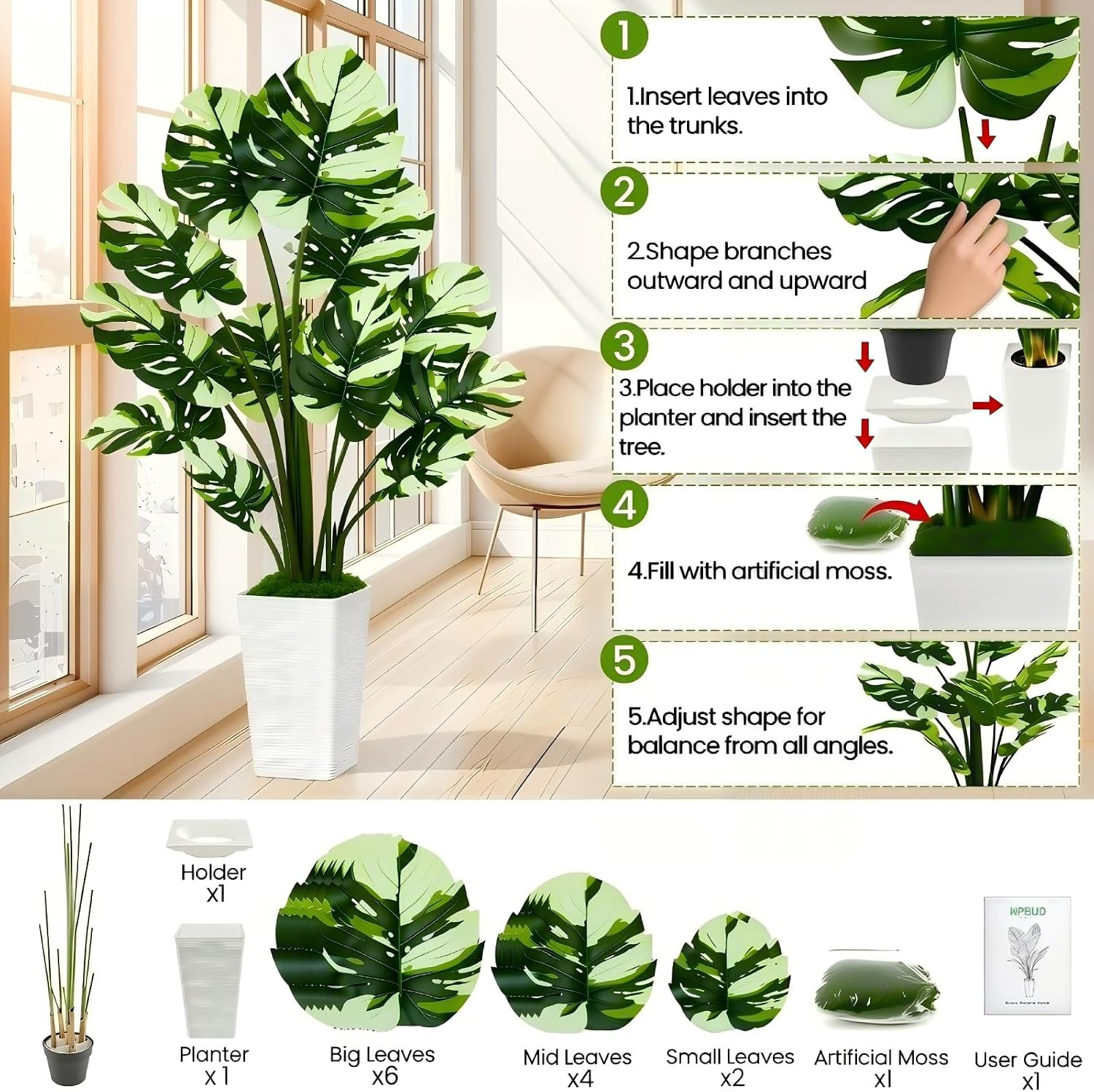 Artificial Monstera Plant, 5FT Tall Fake Tree with Real Touch Big Leaves & White