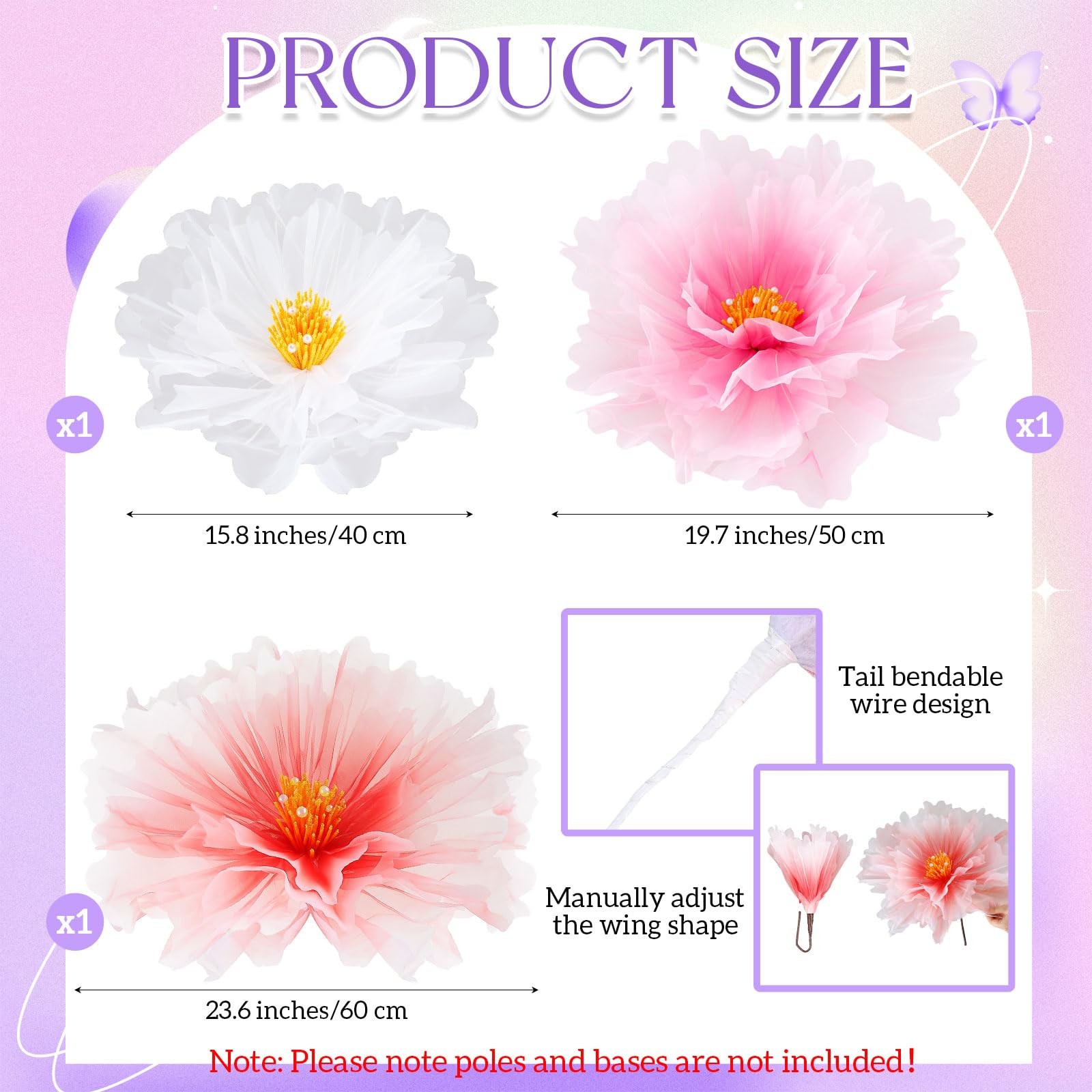 3pcs 19.7in Giant Flowers Decoration, Artificial Gauze Large Flower Prop for …
