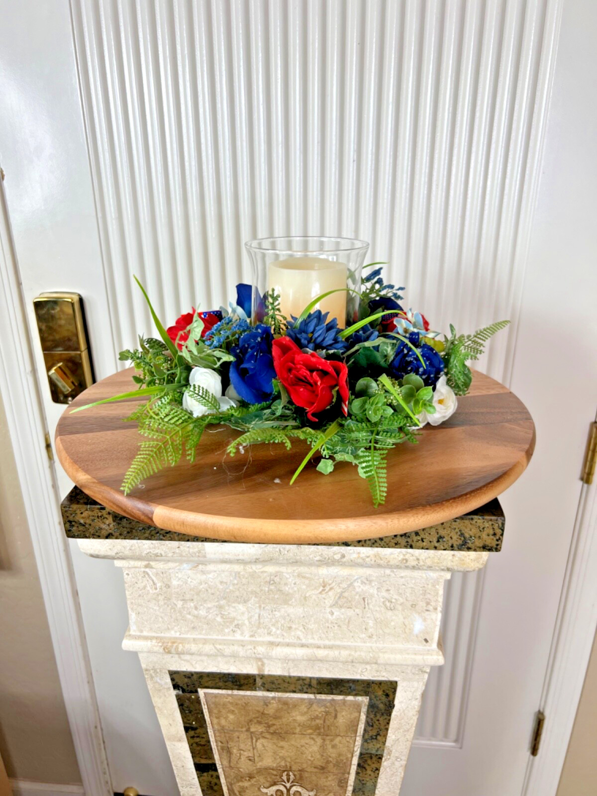 Hand-made New Patriotic Candle Wreath, Red, White, Blue Candle tabletop Decor