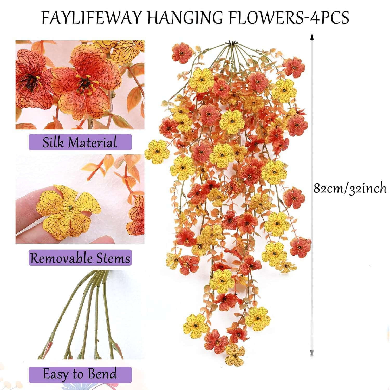 4Pcs Artificial Hanging Flowers UV Resistant Silk Faux Orange Yellow for Garden