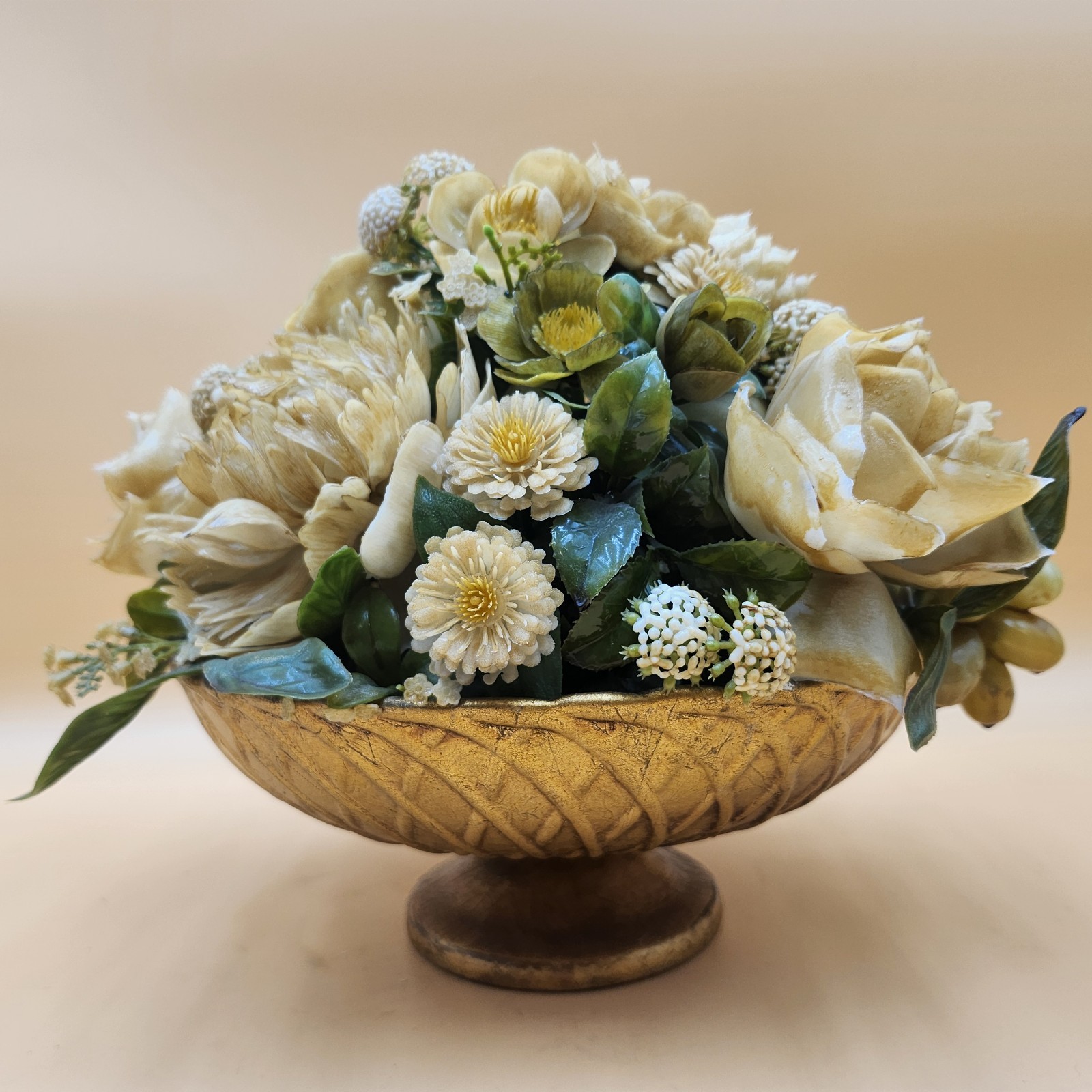Vintage gold bowl artificial flower fruit arrangement white green Mid Century