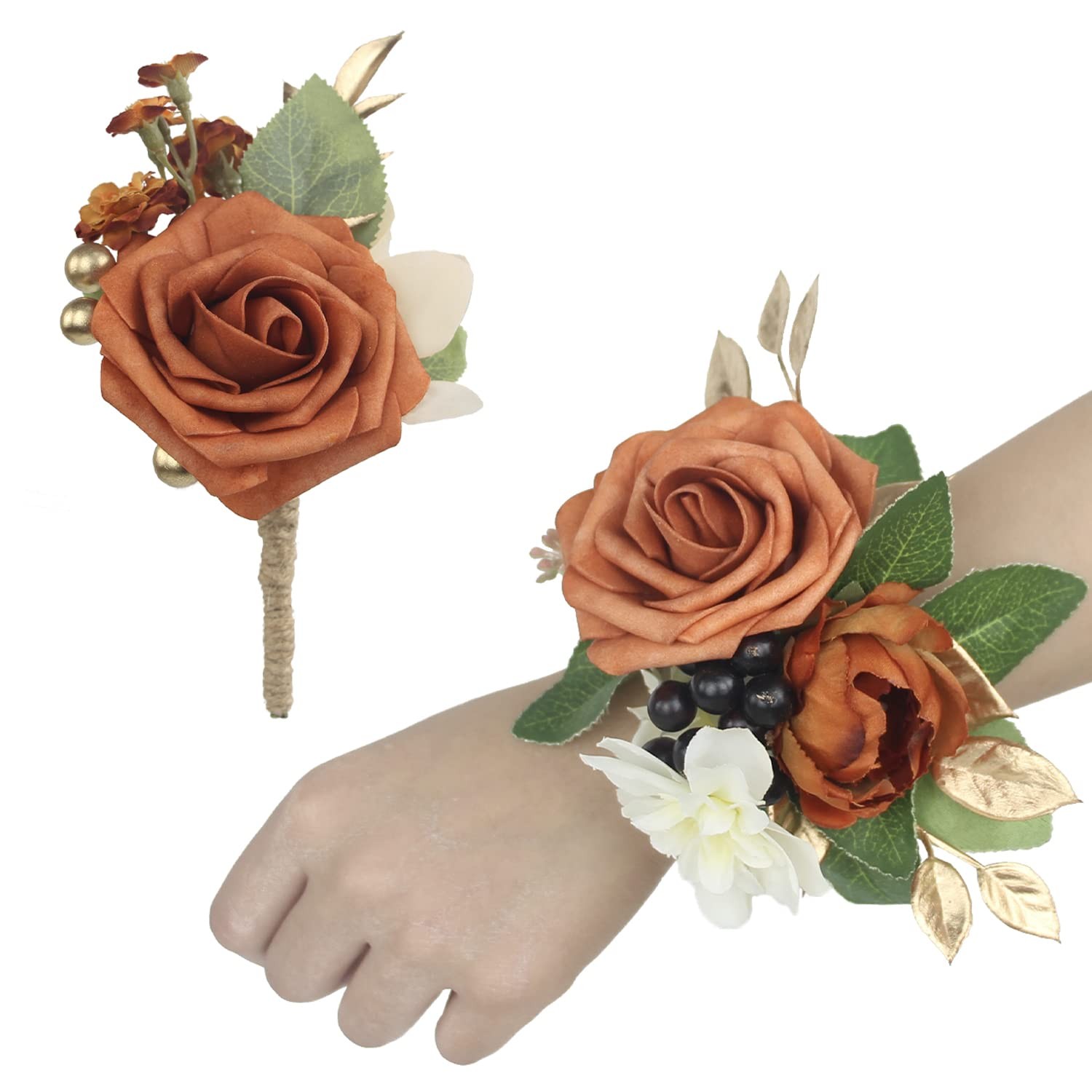 Burnt Orange Boutonniere Corsage Set Terracotta Real Touch Silk Flowers 2Piece