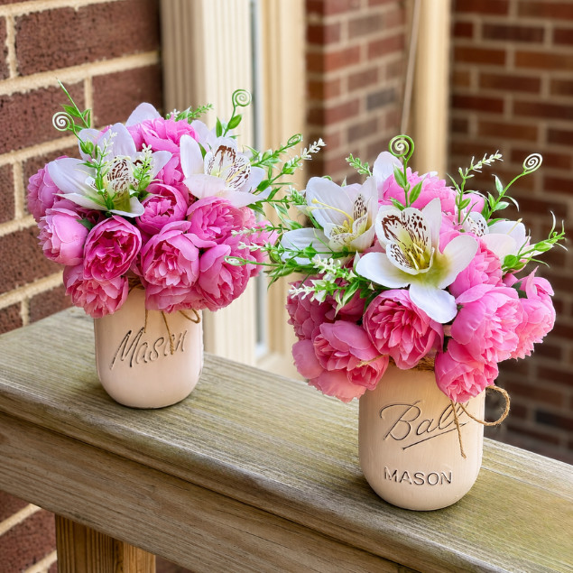 Pink Peony Lily Floral Arrangement 16oz Mason Jar Baby Shower Gift, Home Decor