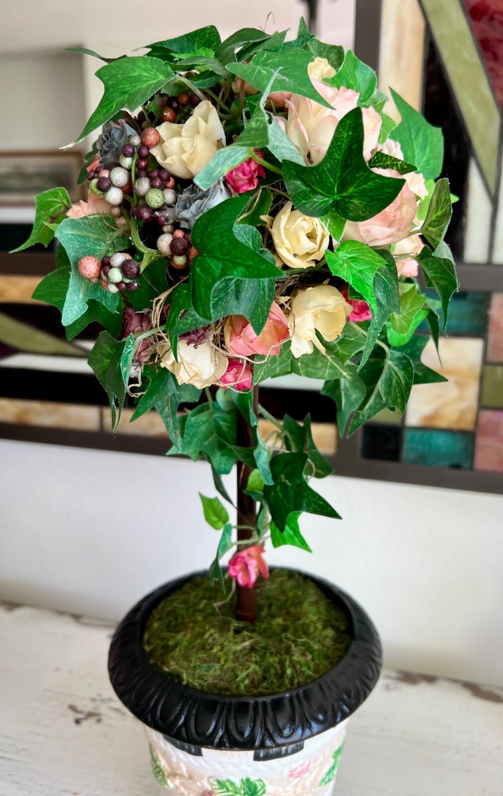 Hand Painted Ivy Floral Rose Topiary – Designer Inspired – Black & White Check