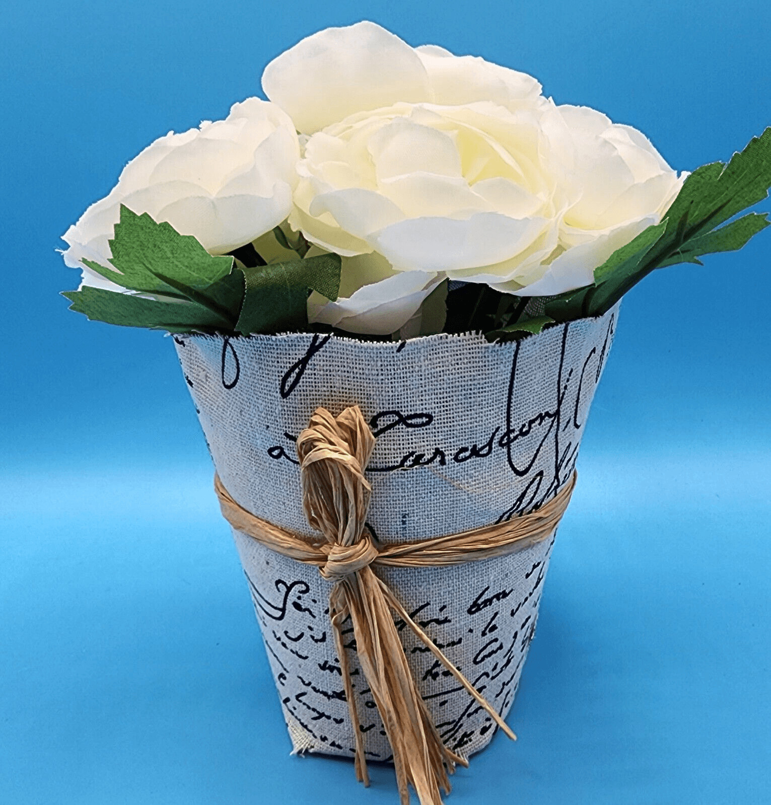 Peony Faux Floral Natural Linen Paris Themed Covered Pot 6 inch French Country