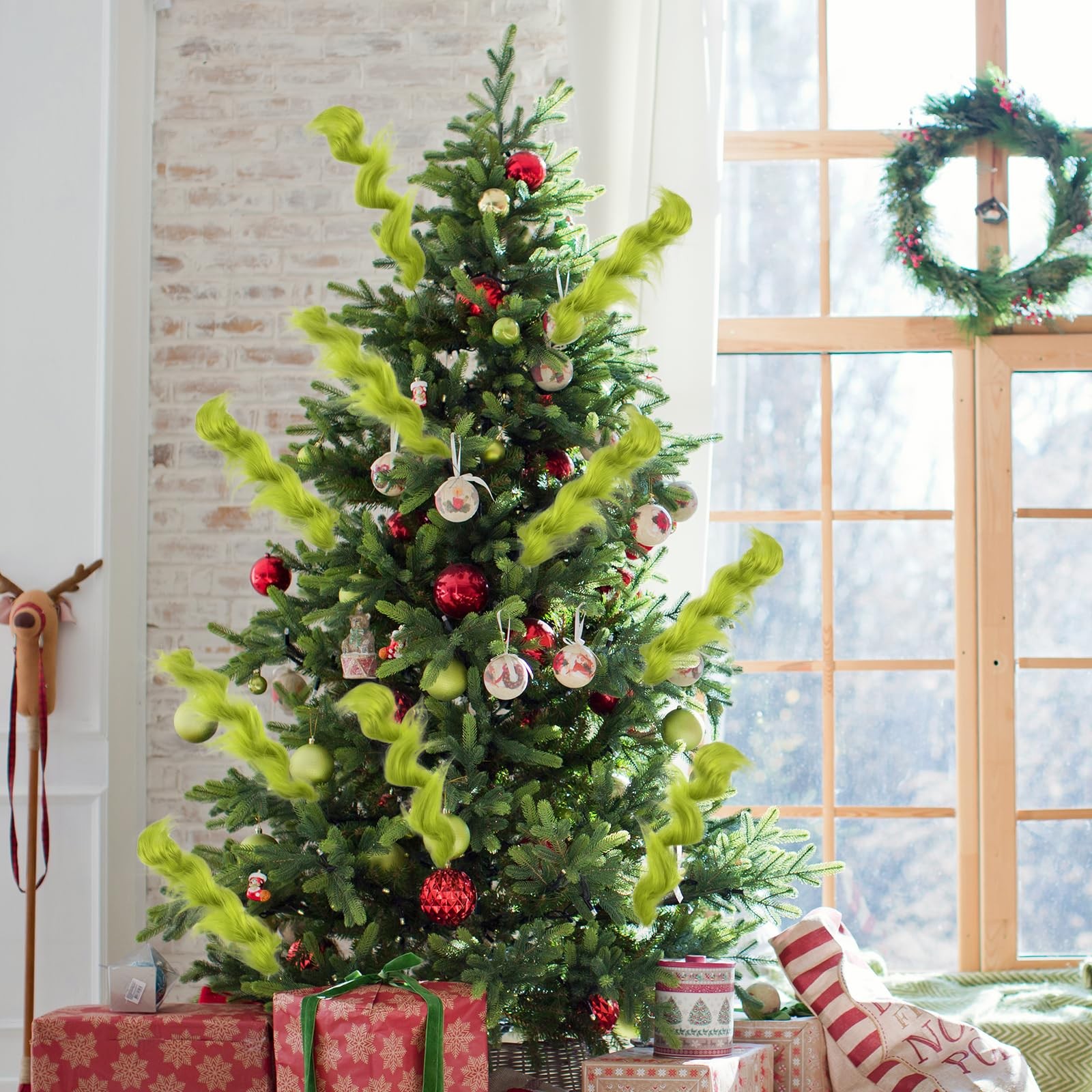 24 PCS Lime Green Furry Christmas Tree Picks Glitter Curly Berry Ornaments