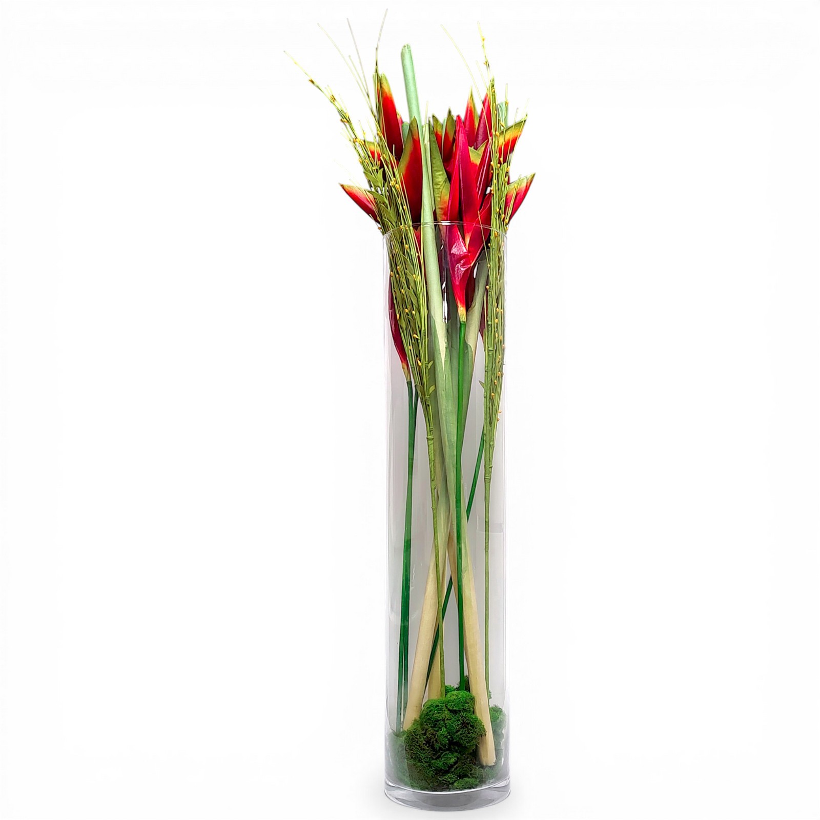 37″ Realistic Heliconia Iris Red Arrangement In Clear Glass Cylindar Floor Vase