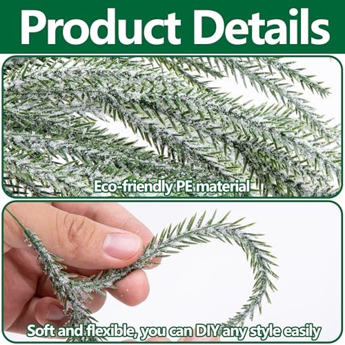 Christmas Snow Norfolk Pine Branches with Red Berry Stems, 60 Pcs Snowy B Style