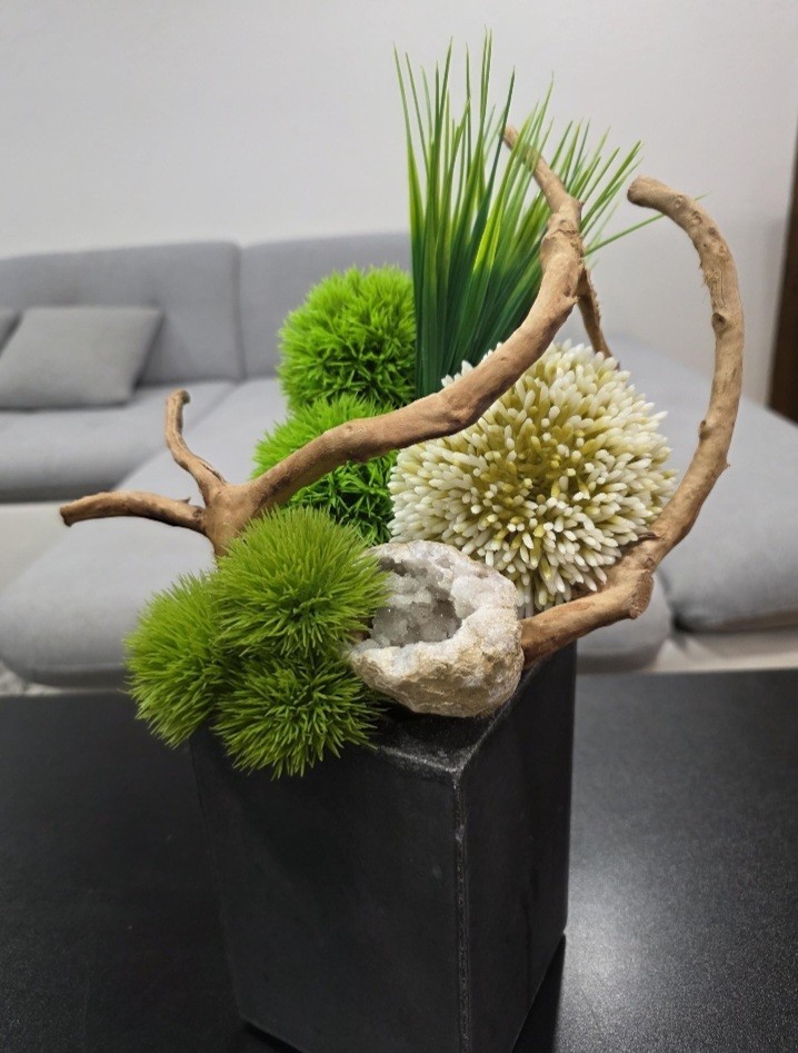 Zen Faux Floral Arrangement, Handmade Ikebana in Concrete Vase