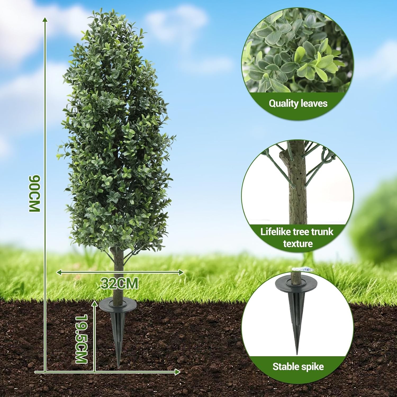 Set of 2 Faux Boxwood Plants: UV Resistant Outdoor Topiary with Ground Spikes