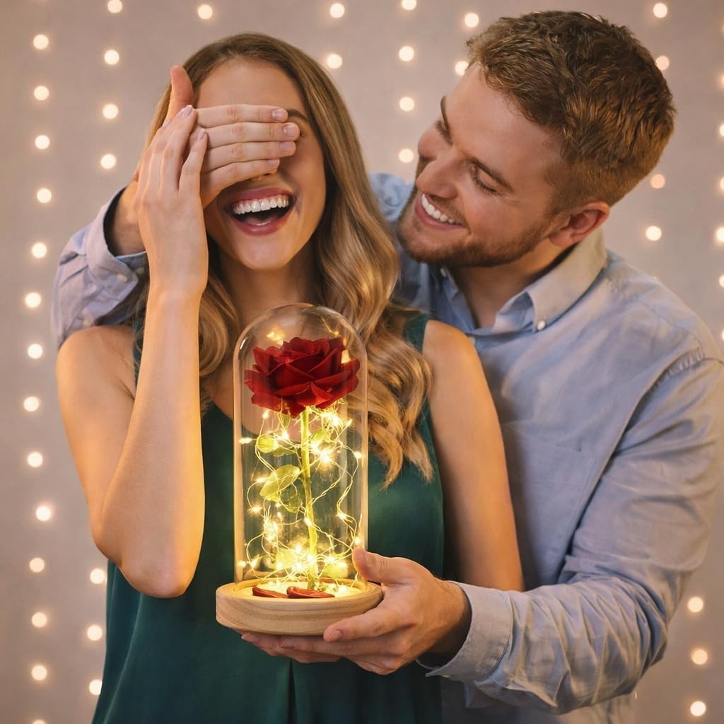 LED Red Rose in Dome Romantic Light-Up Gift for Weddings Valentine’s Anniversary