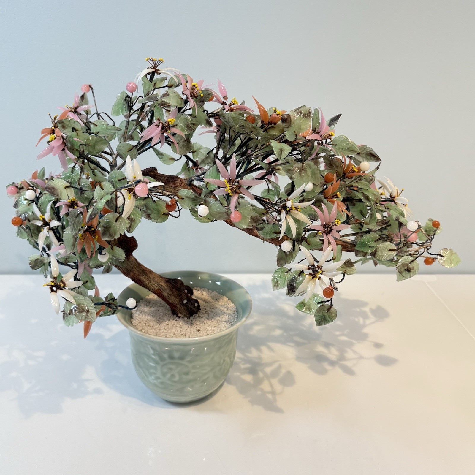 Chinese Glass Bonsai Cherry Blossom Tree 14”T x 18”L Art Decor Vintage SPRING
