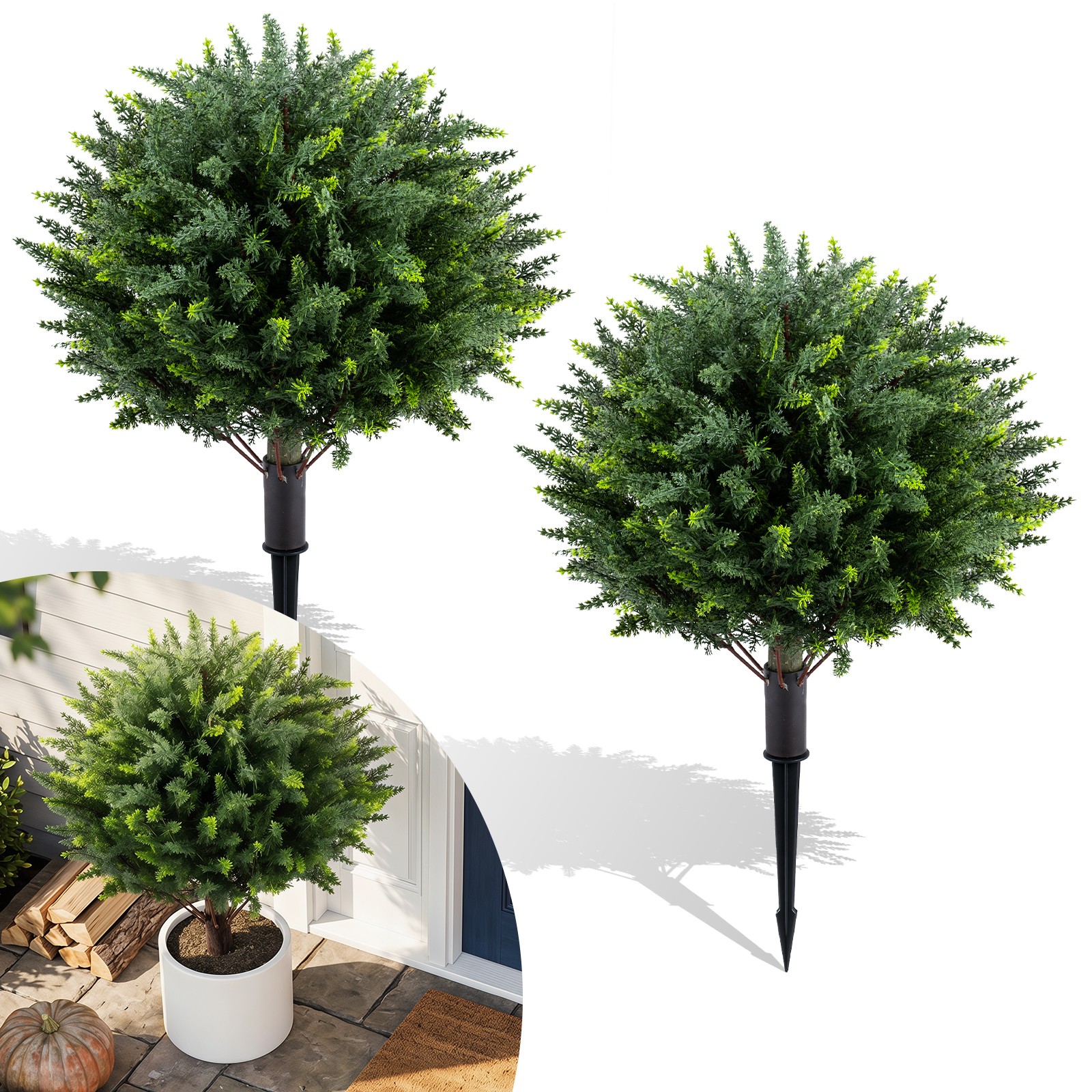 2PCS 27.5” Artificial Cypress Topiary Trees w/Ground Spikes for Indoor & Outdoor