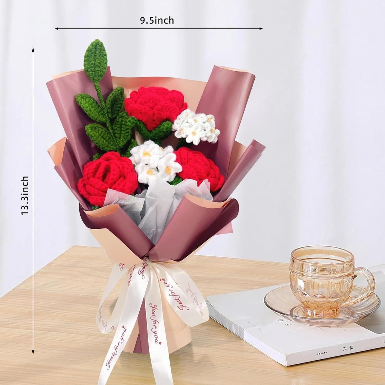 Red Rose Forget Me Not Knitted Artificial Flowers Gift for Mother Wife Women