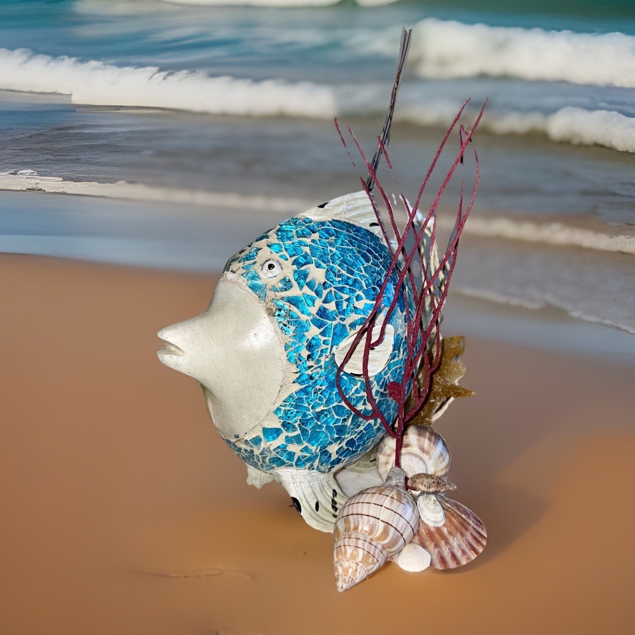 Under The Sea Teal Fish Arrangement, Table Art, Swimming Fish, Seashells