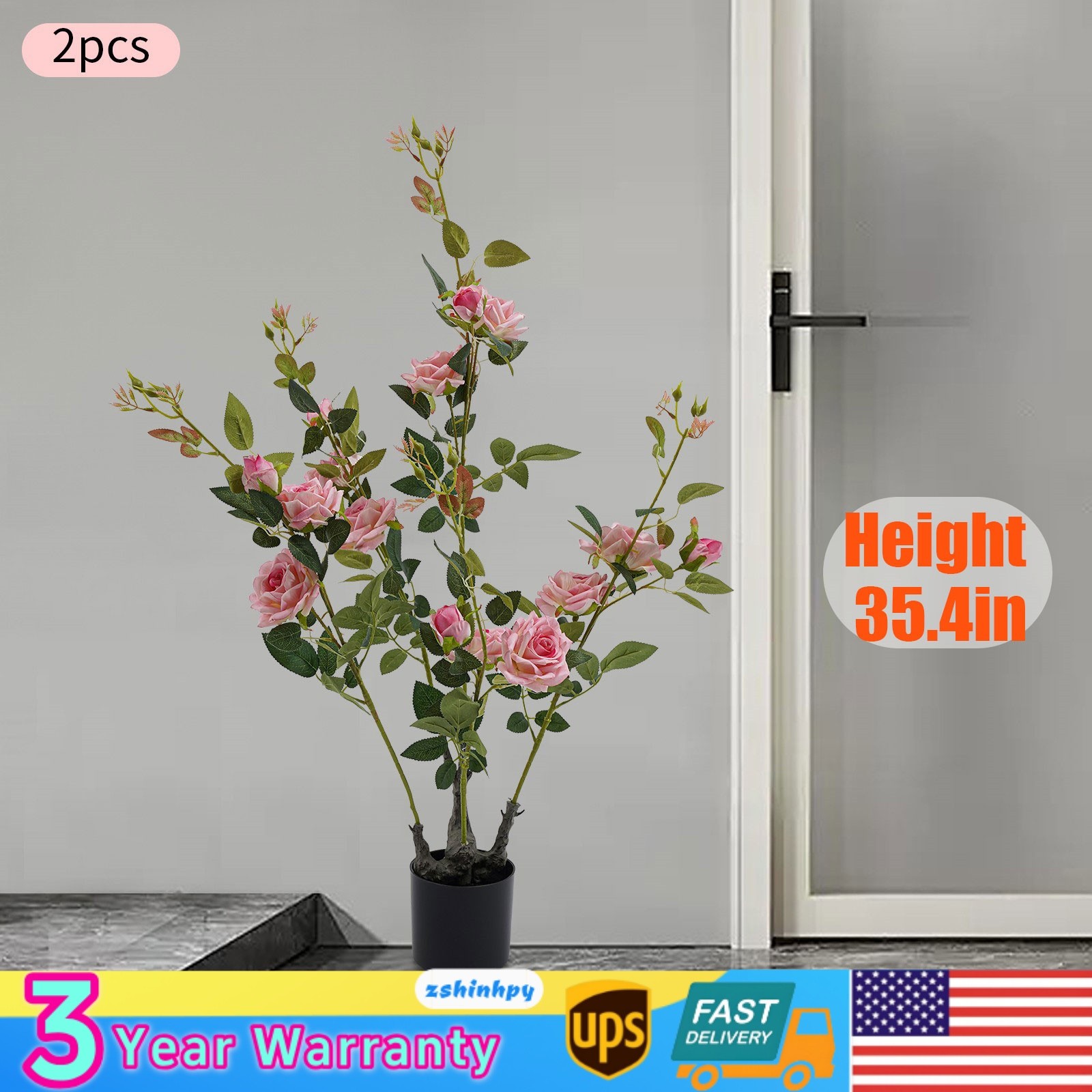 2pcs Artificial Rose Trees Fake Flowers Tree, Pink Artificial Flower Plant Decor