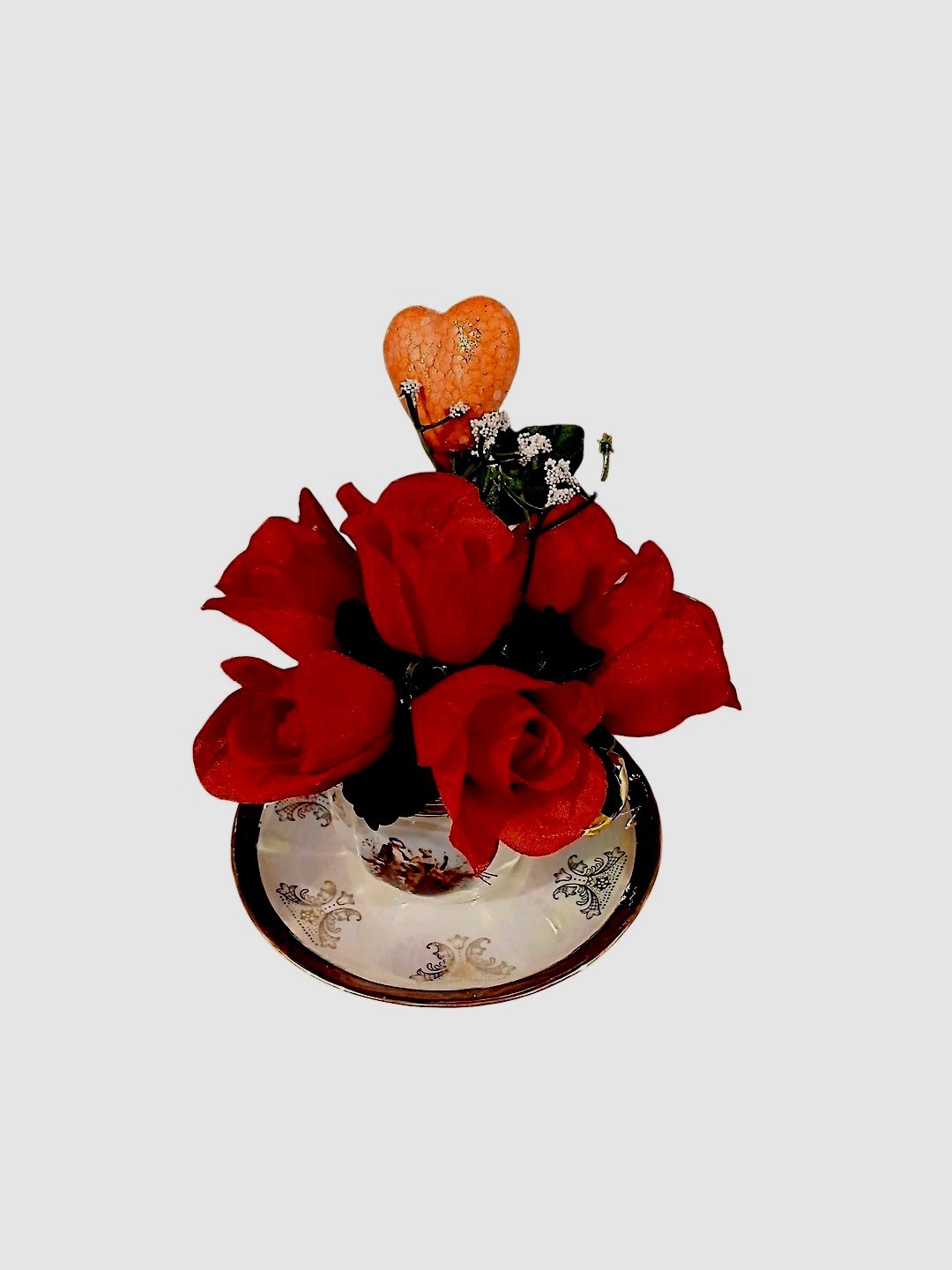 Red Rose Floral Arrangement Tea Cup POP-IN Sparkle Heart Bridal Valentine Love