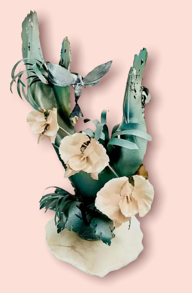Unique Flower Arrangement Metal Orchids Marble Stand Handmade Hummingbird Signed
