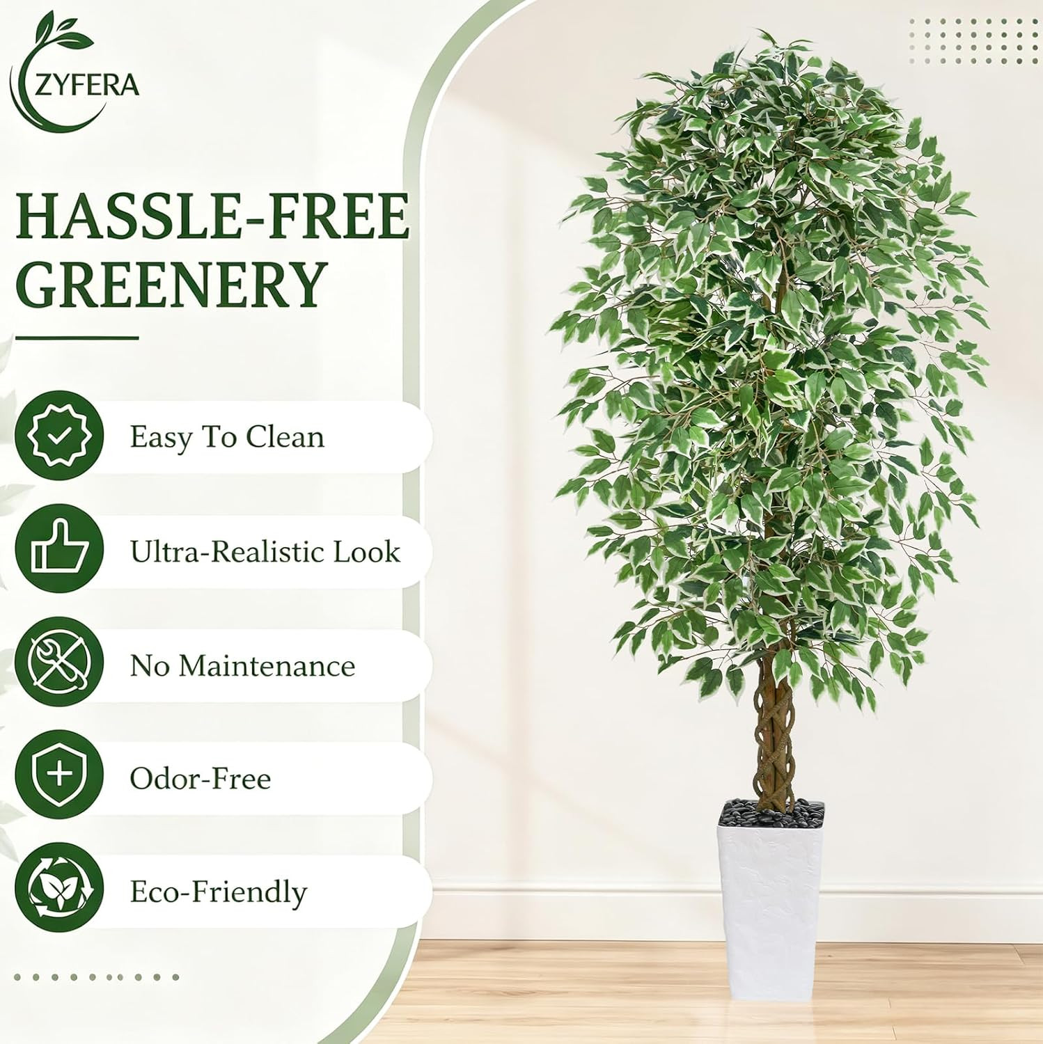 Artificial Ficus Tree, 7FT Faux Plants Indoor White Planter | Lifelike Green Lea