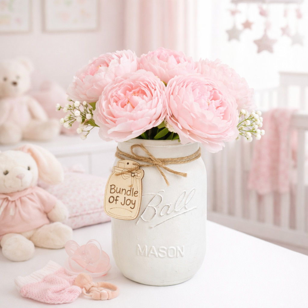 Pink Peony Custom Tag Mason Jar Arrangement Baby Shower Centerpiece Home Decor
