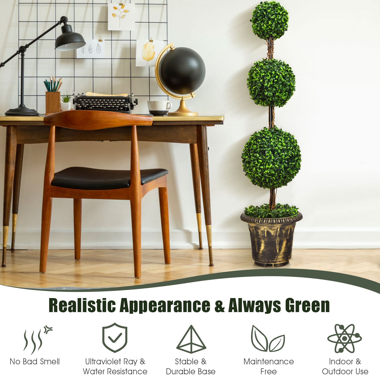 Costway 4′ Artificial Topiary Triple Ball Tree Plant Indoor Outdoor UV Resistant