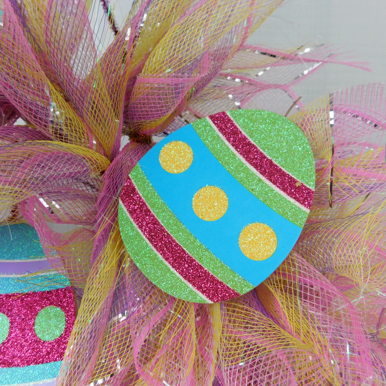 Handmade Mesh Wreath Easter Pastel Glitter Eggs Welcome Sign Metallic Pink #C317