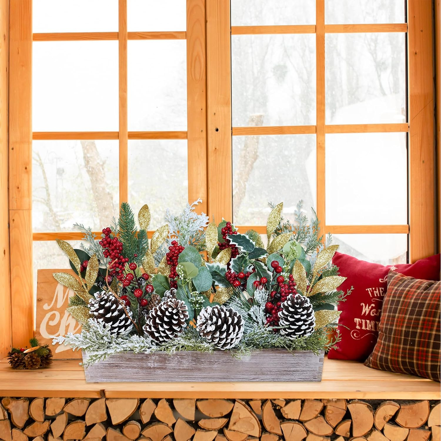 Bulk Rustic Christmas Floral Picks and Pine Cones in Wooden Box – Holiday Table