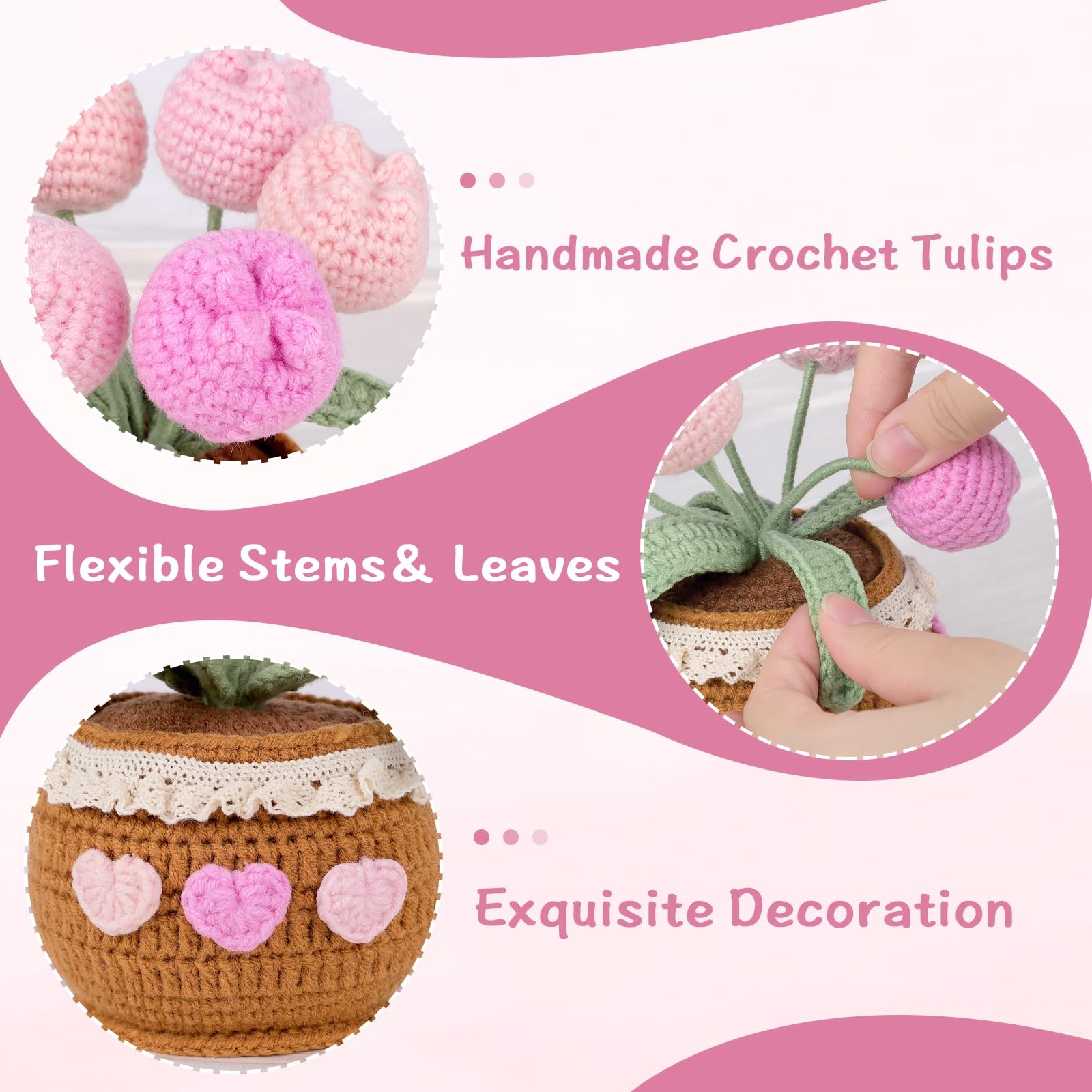Handmade Potted Crochet Tulip Bouquet Blush Pink Crocheted Tulips Hand Woven Flo