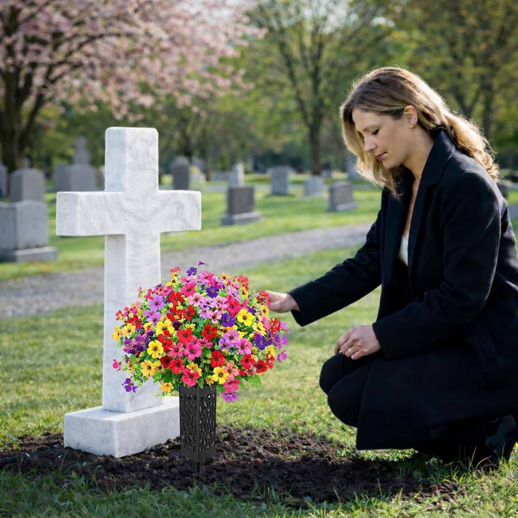 Cemetery Flowers For Grave With Vases Artificial Memorial Faux Silk 2 PCS