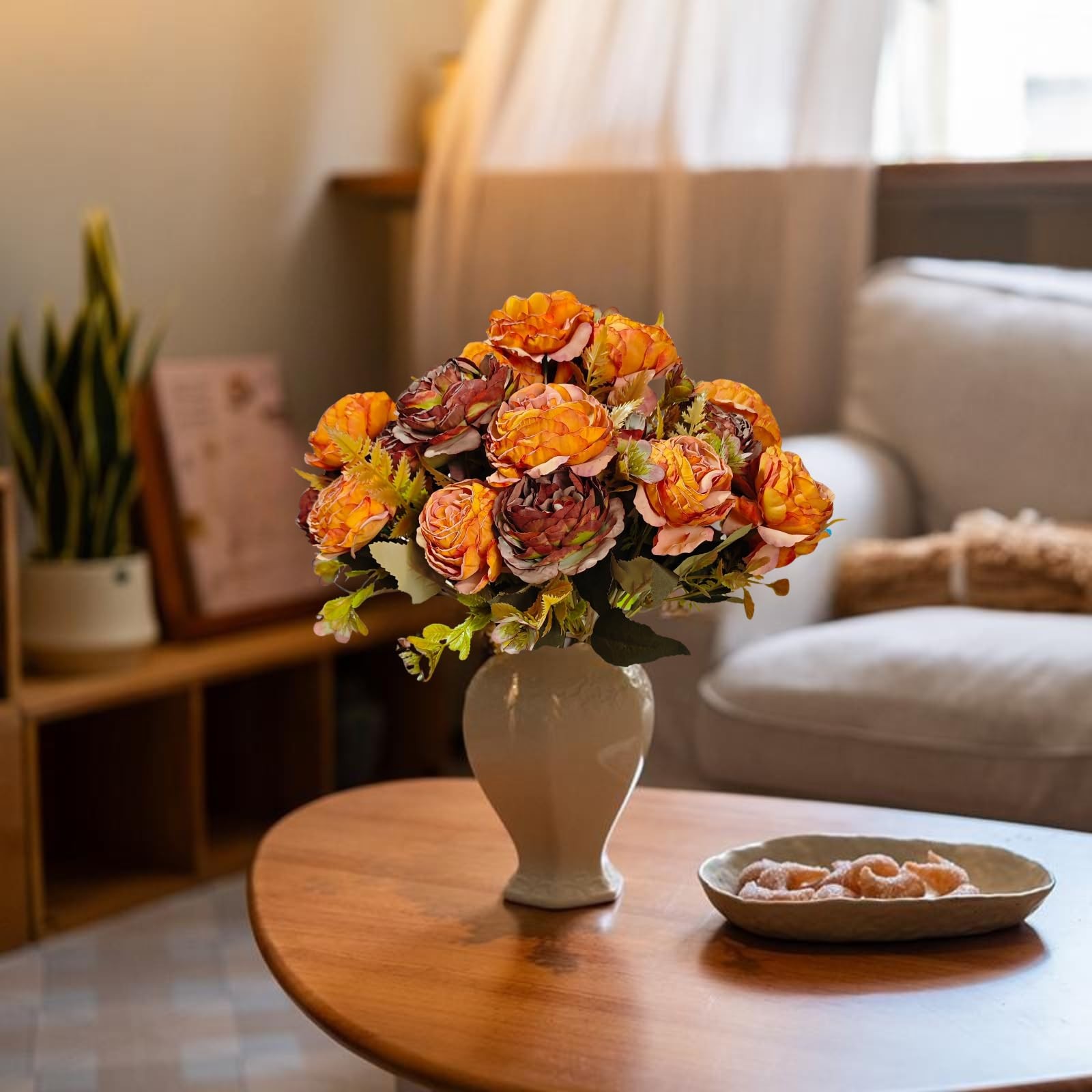 8 PCS Burnt Orange Peonies Artificial Flowers Fall Fake Peony Silk Bouquet Table