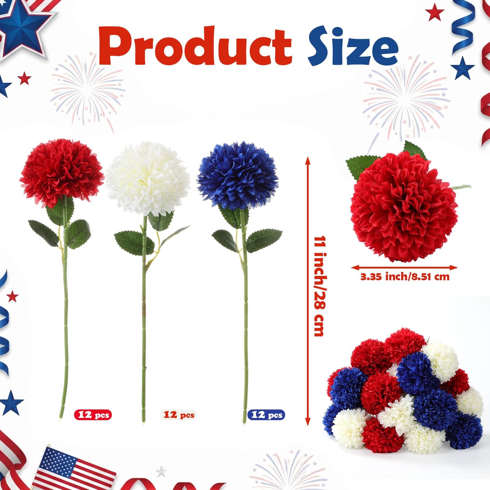 36 PCS 4th Of July Artificial Chrysanthemum Flowers 3.3 Inch Red White Blue