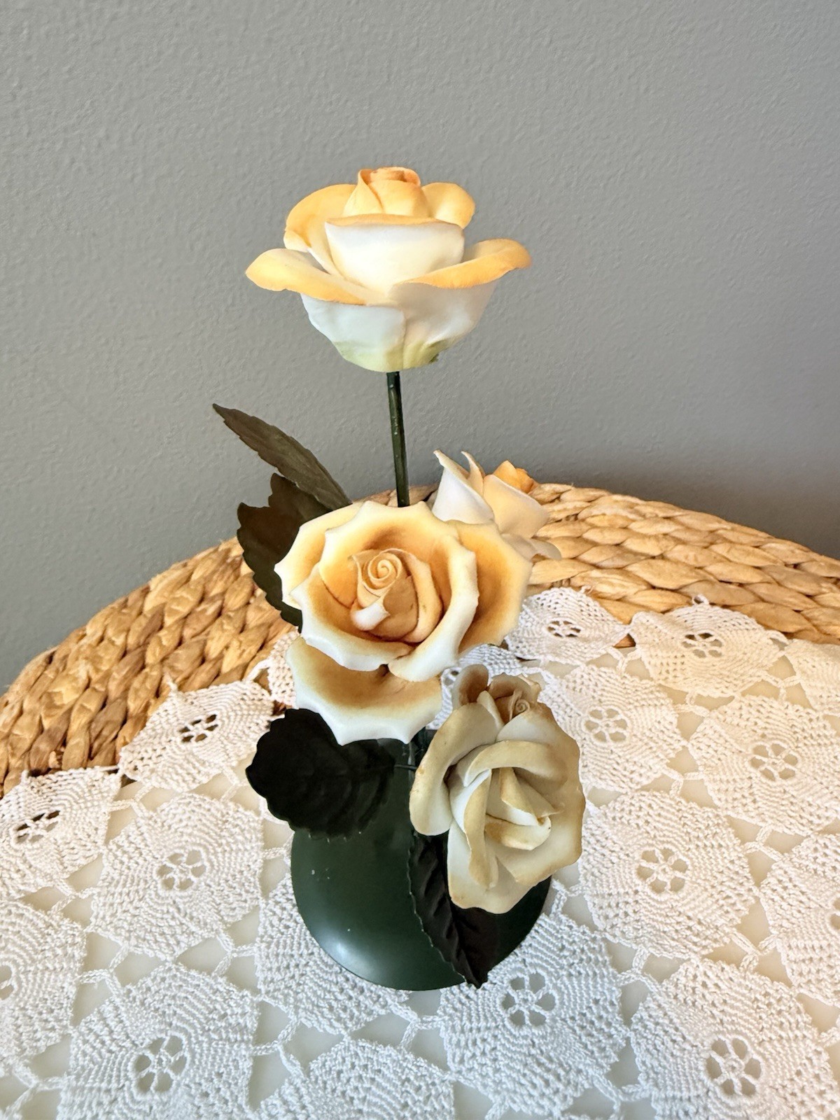 Porcelain Rose Flower Arrangement Metal Base 10” Peach Floral Home Decor