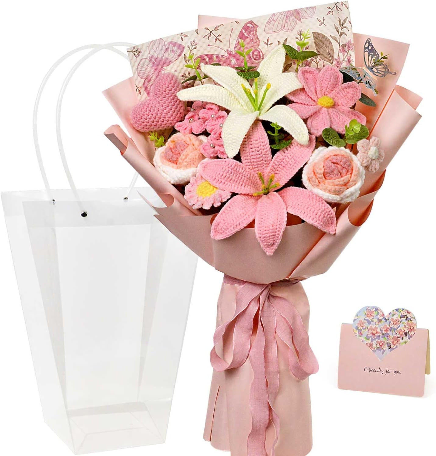 Crochet Flower Bouquet, Handmade Pink Knitted Flowers Bouquet for Mother’S Day,