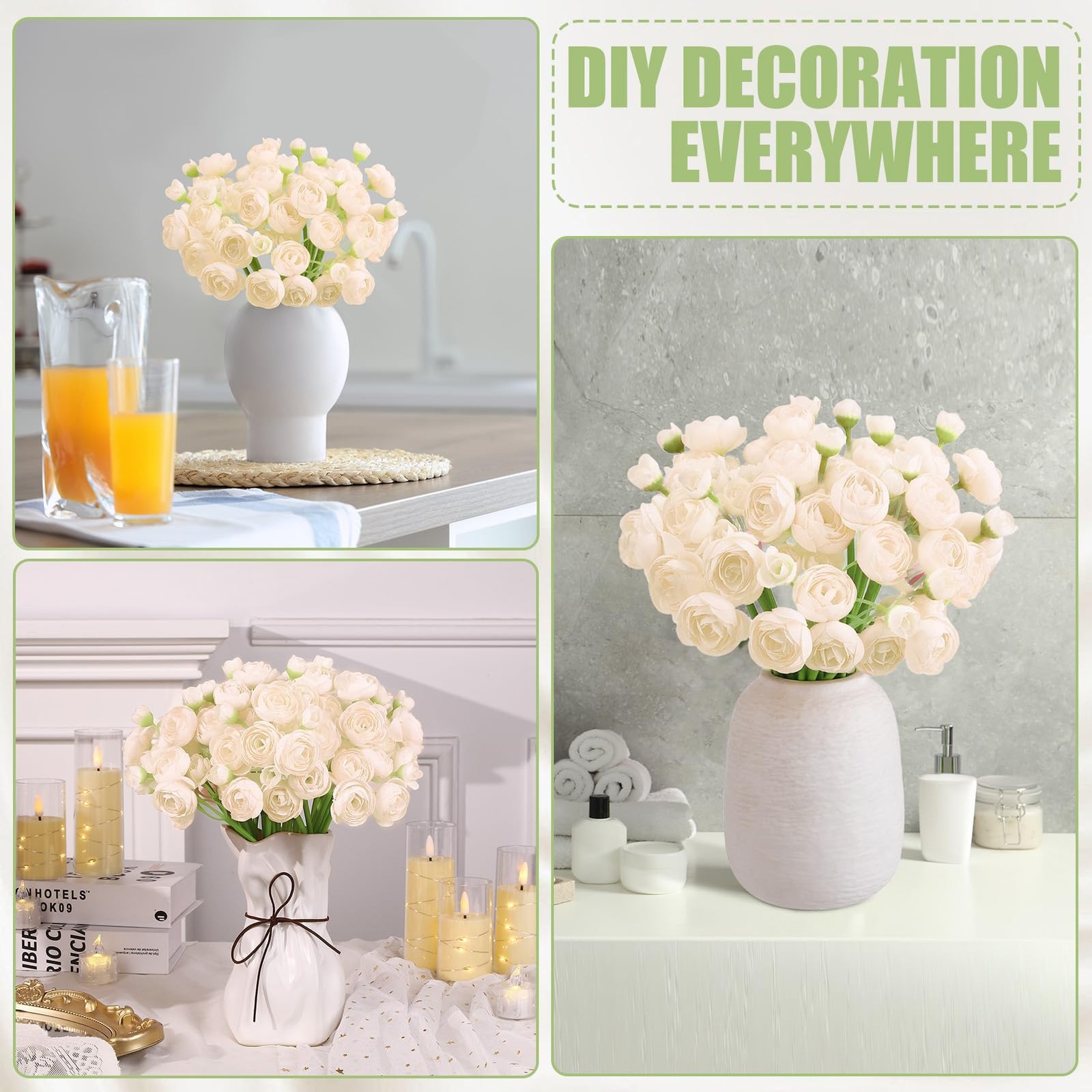Ovveroche 5 Bouquets Cream Ranunculus Artificial Flowers, 30 Pcs Silk Mini Fa…