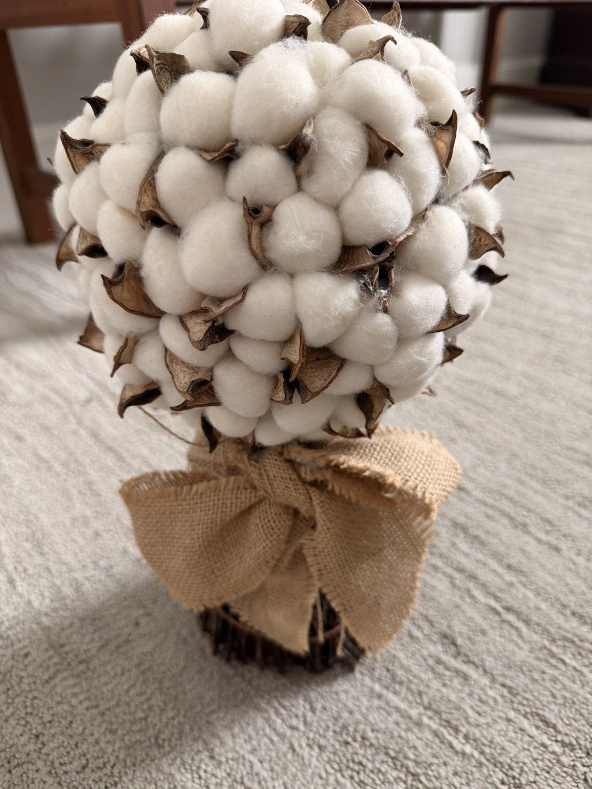 Cotton Bouquet with Burlap Ribbon, Home Decor 13″x7″ (5″ at base)