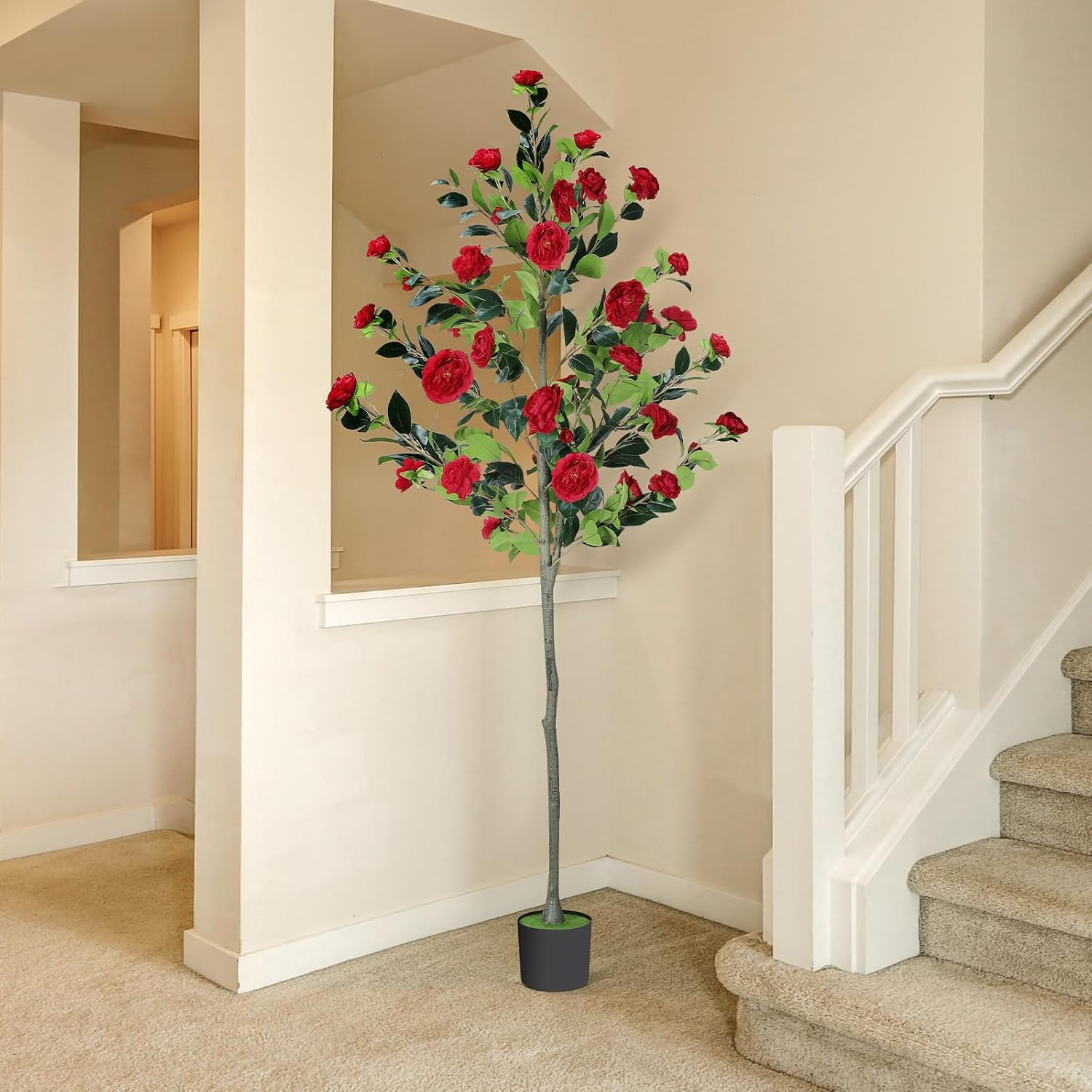6FT Faux Camellia Tree with Red Flowers – Lifelike & Low Maintenance Decor