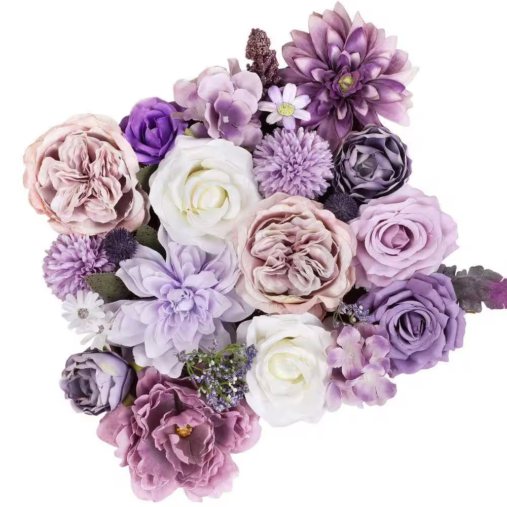 10 In. Artificial Purple Flowers Combo Silk Peony Rose Hydrangea for DIY Wedding