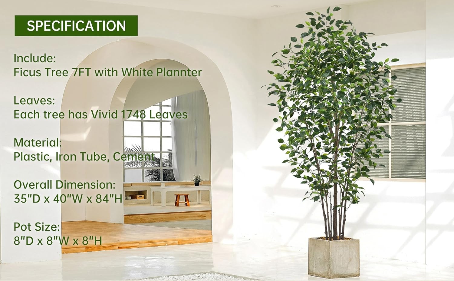Artificial Ficus Tree 7FT with 1748 Leaves & White Planter Realistic Tall Large