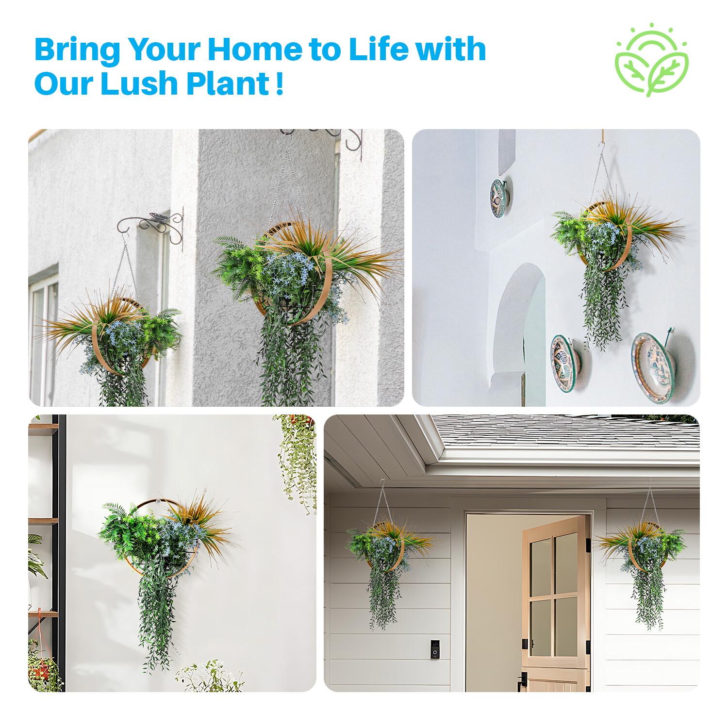 Patio Artificial Hanging Plants with Gold Frame 1Pcs for Wall House Office